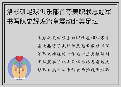 洛杉矶足球俱乐部首夺美职联总冠军书写队史辉煌篇章震动北美足坛 洛杉矶足球俱乐部首夺美职联总冠军书写队史辉煌篇章震动北美足坛