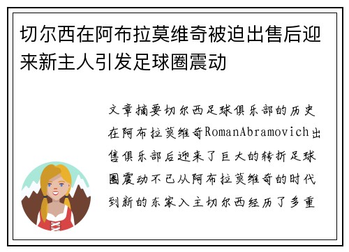 切尔西在阿布拉莫维奇被迫出售后迎来新主人引发足球圈震动